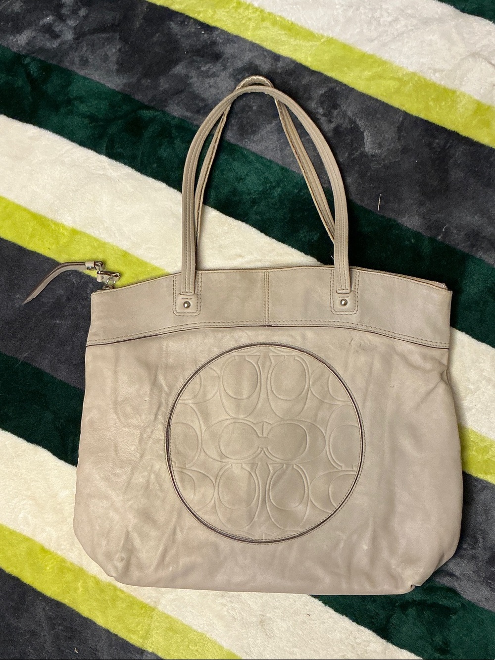 Coach Taupe Leather Tote with Signature Circle Emblem